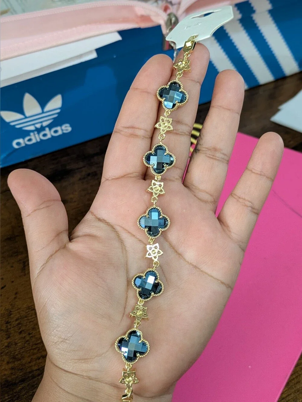 Gold-Plated Blue Crystal Clover Link Bracelet